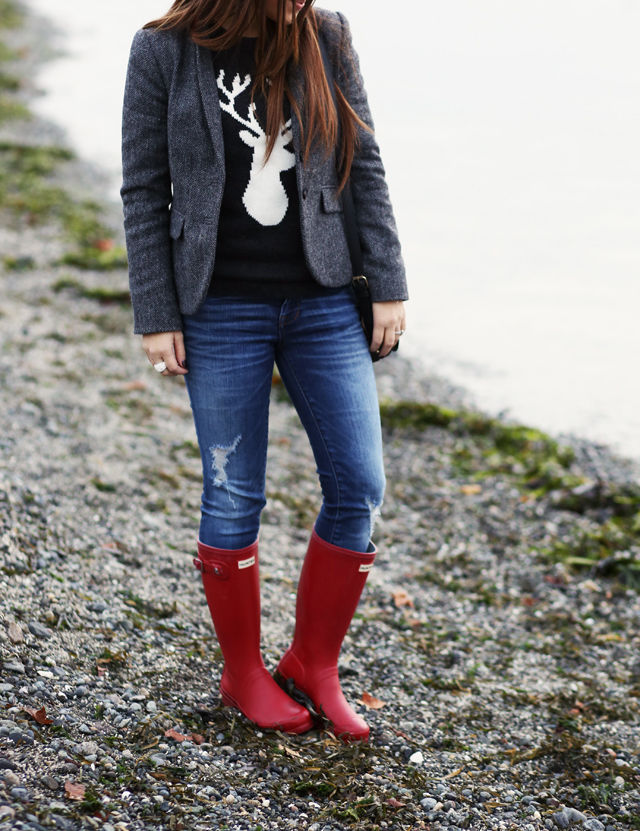 loft deer sweater red hunter boots tweed blazer