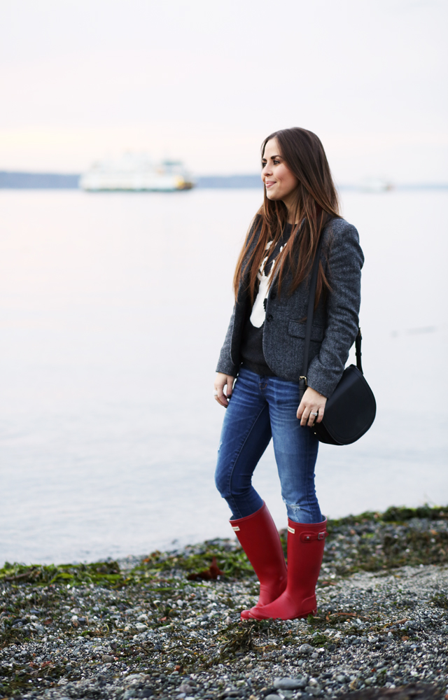 red boots deer sweater tweed blazer