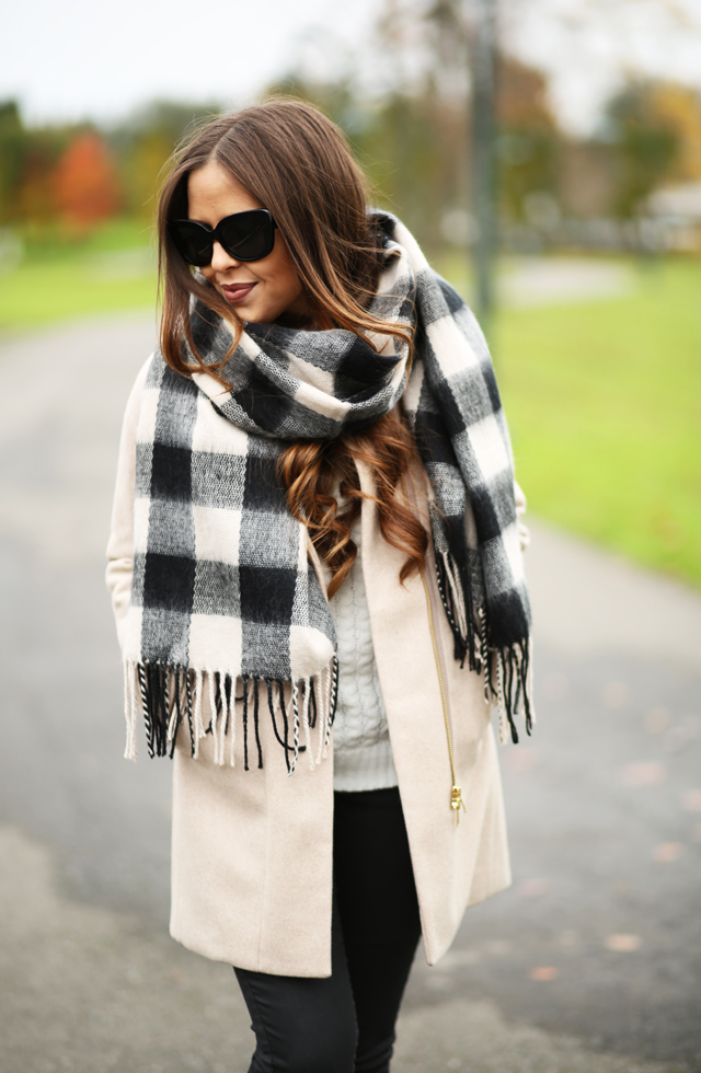 tan coat black buffalo scarf