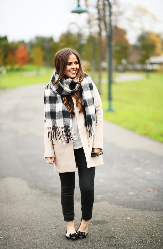 tan coat with buffalo check scarf black