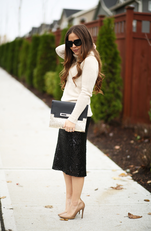 tan sweater black sequin pencil skirt