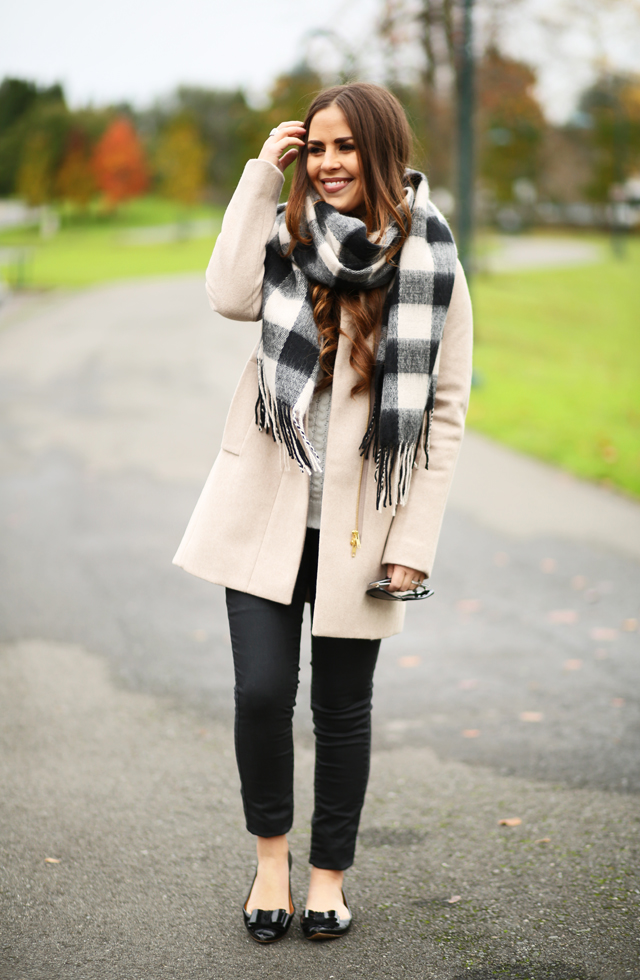 tan wool coat buffalo check scarf bow flats