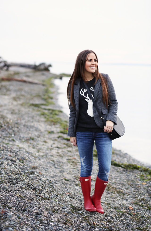 winter on the coast deer sweater red boots tweed blazer