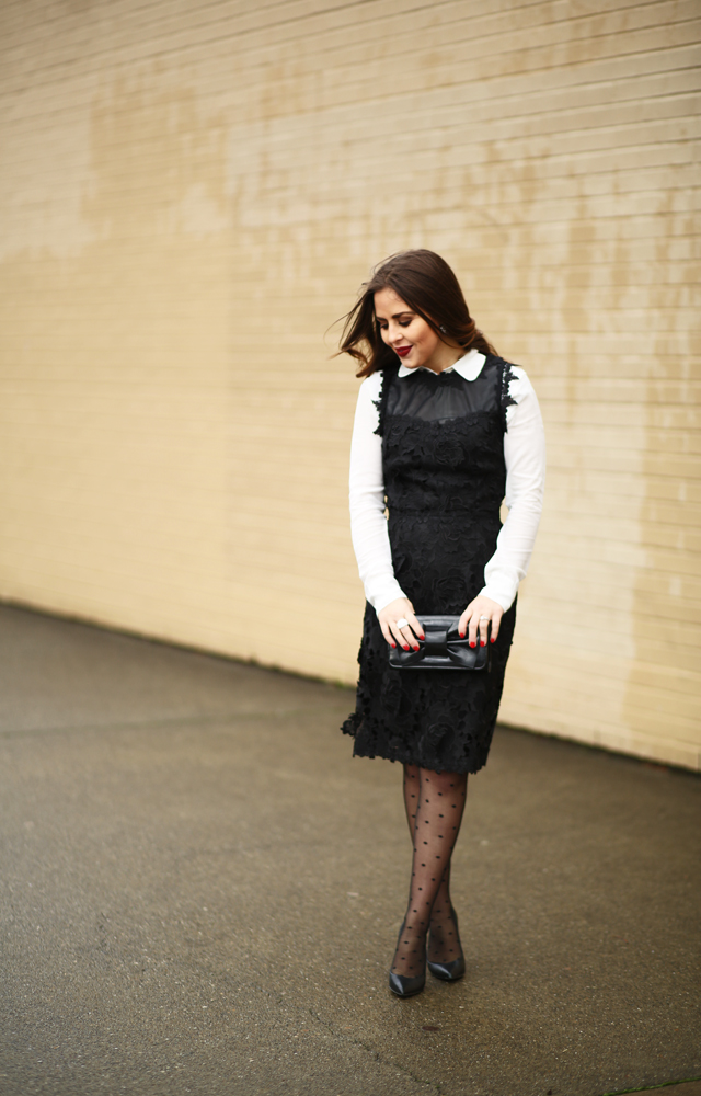 black lace holiday dress and a red lip