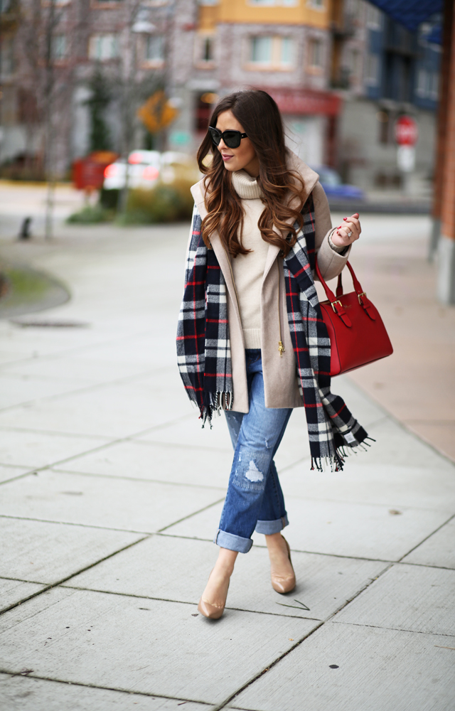 boyfriend jeans, nude heel, sweater and coat