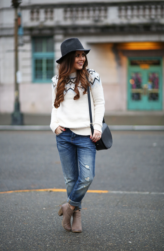 boyfriend jeans wool hat booties chunky sweater