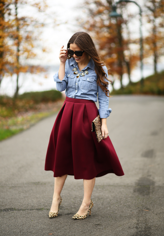 burgundy scuba skirt denim shirt and leopard clutch