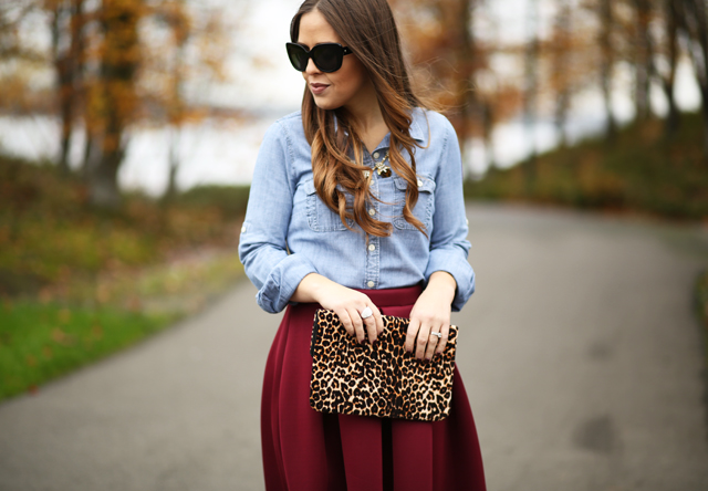 burgundy skirt denim shirt