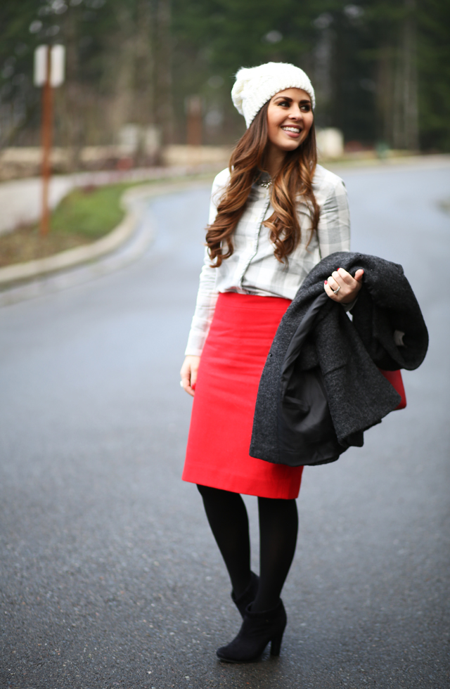 gray buffalo check shirt red wool skirt