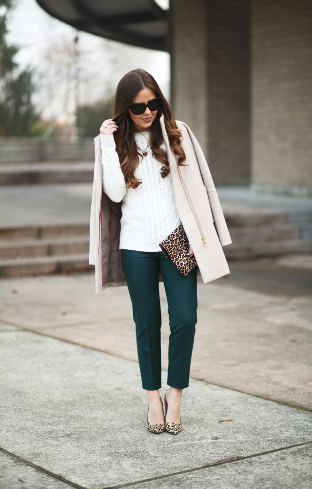 green pants, white sweater, tan coat, pops of leopard