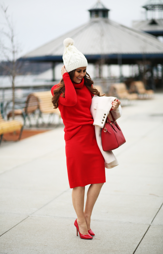 monochromatic red with white pom beanie