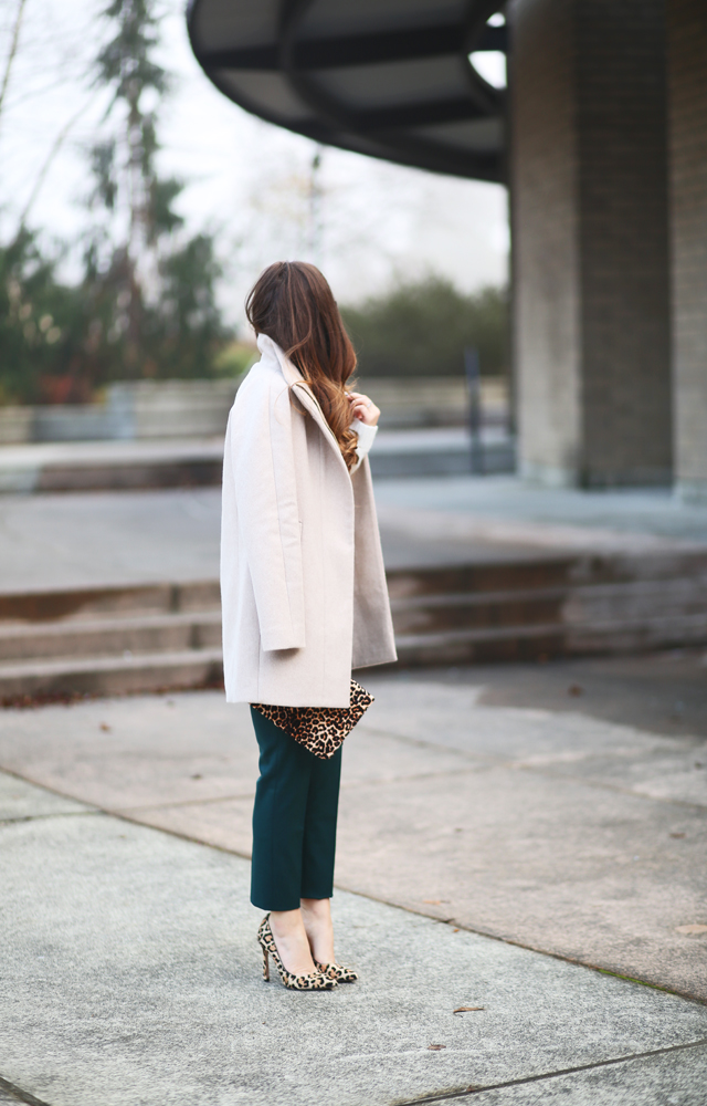 tan coat green pants