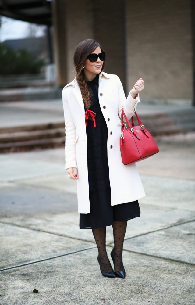 white jcrew coat black asos dress