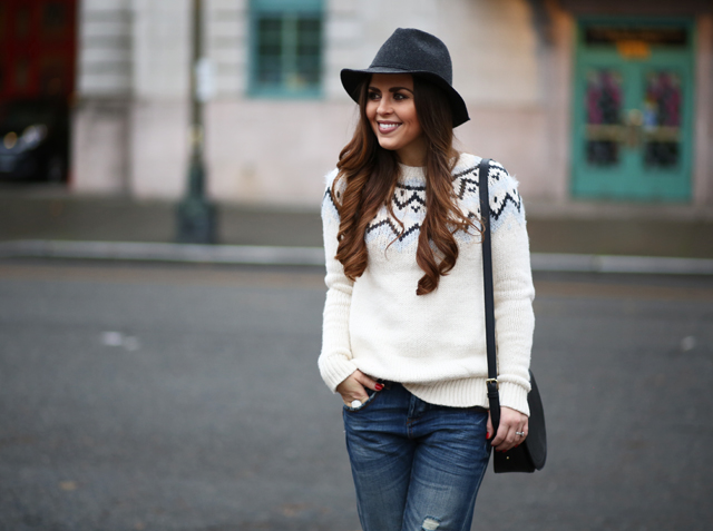 wool hat chunky knit sweater boyfriend jeans