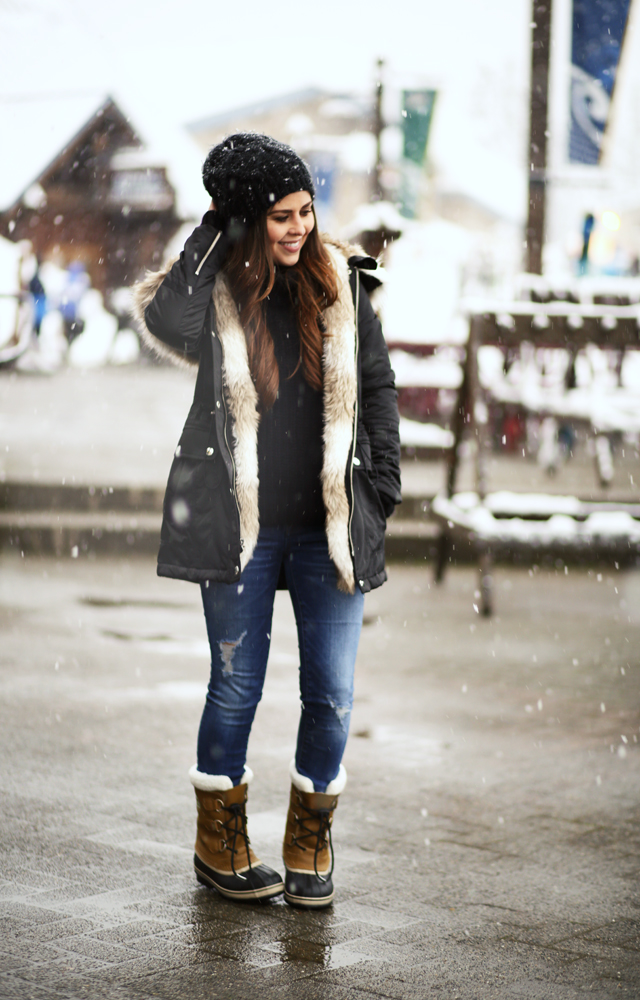 black parka with faux fur snow outfit