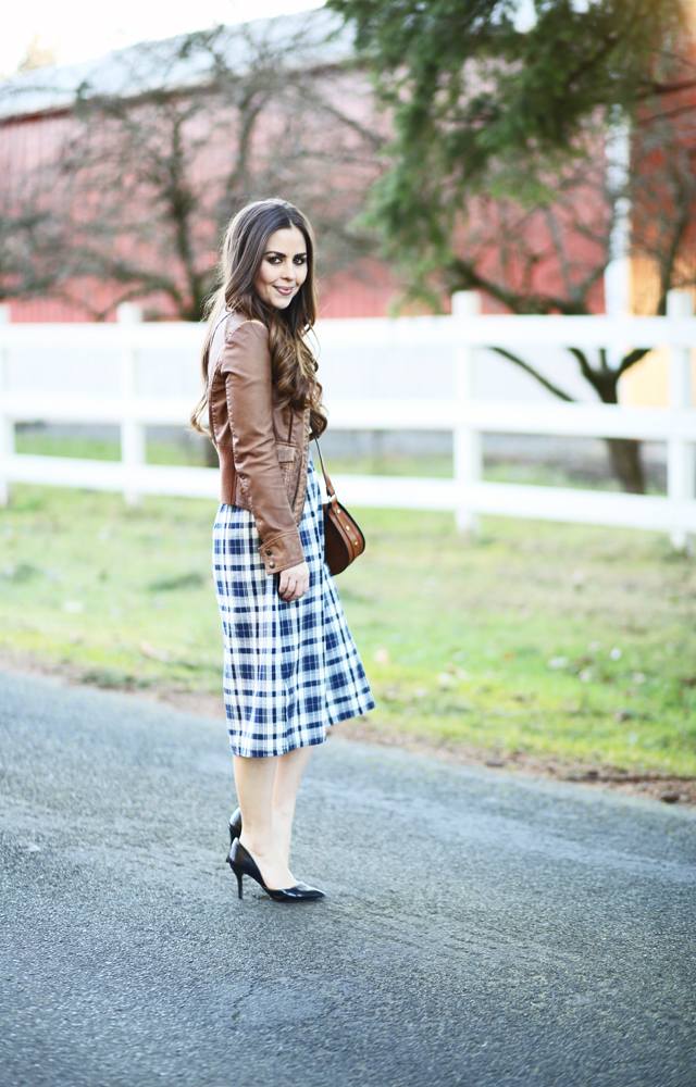 cognac jacket navy plaid dress via sixth&alder