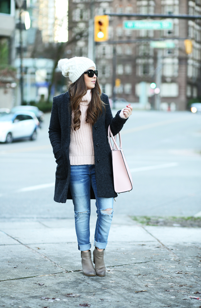 gray and pink winter outfit banana republic turtleneck