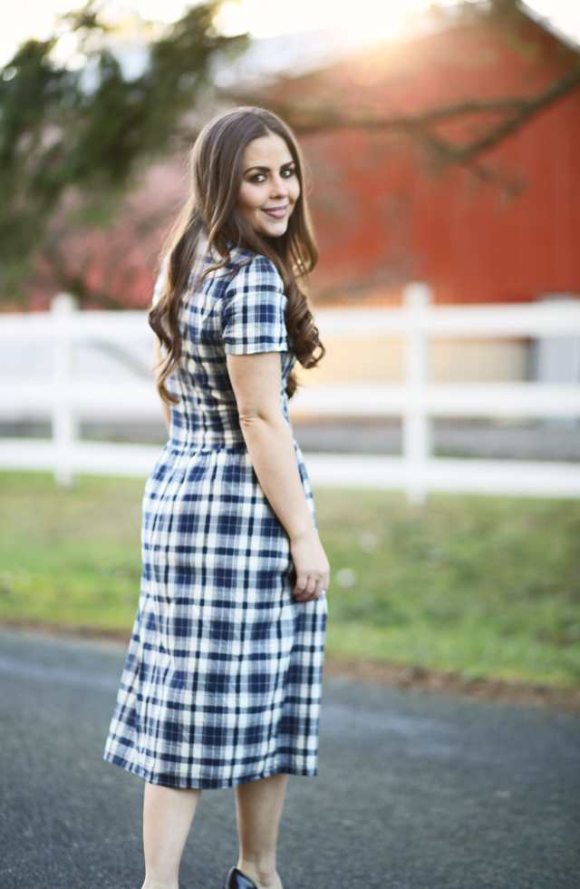 navy plaid midi dress