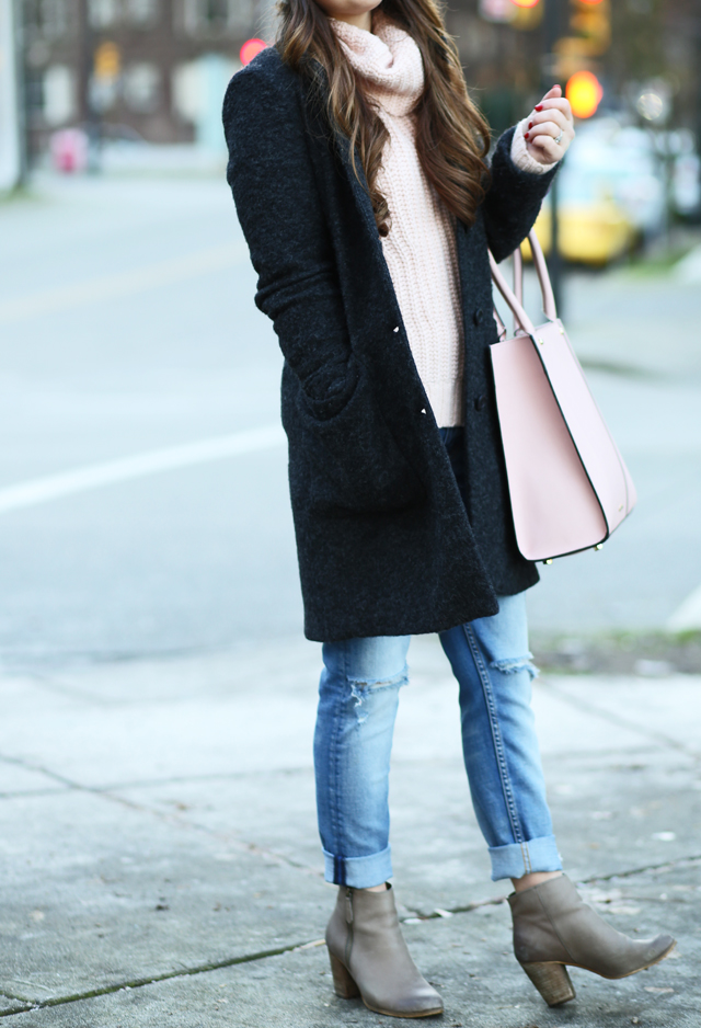 pink and gray winter outfit