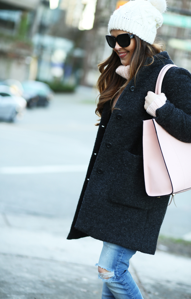 pink bag charcoal coat