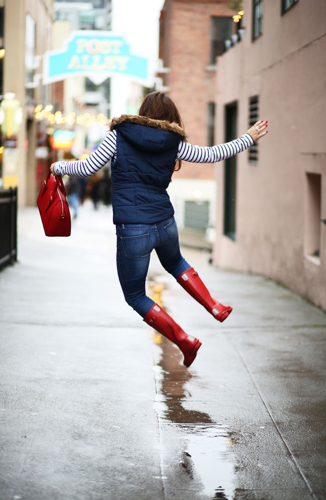 red rain boots navy puffer vest