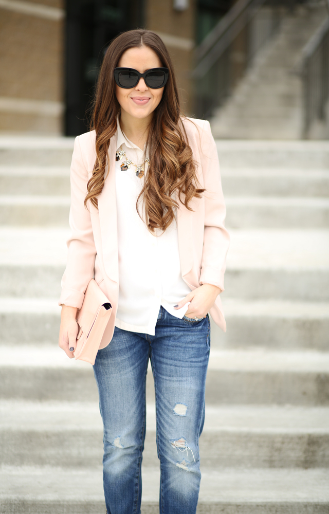 blush blazer white blouse boyfriend jeans