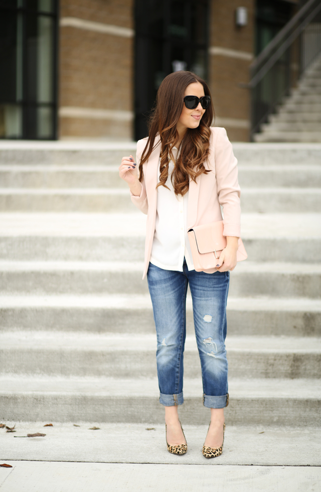 boyfriend jeans pink blazer leopard