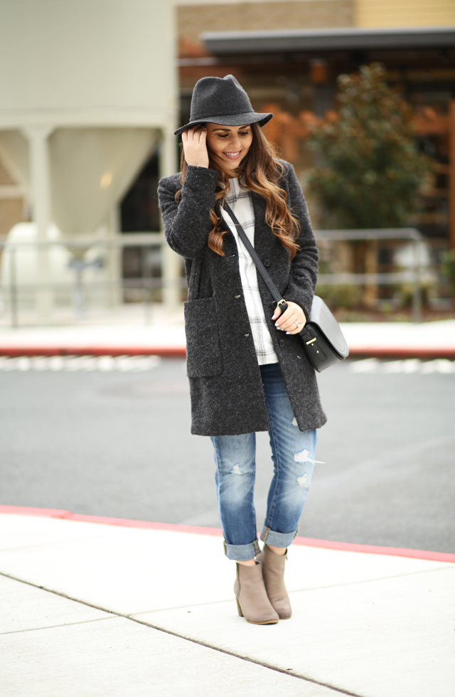 casual gray and white layered windowpane look