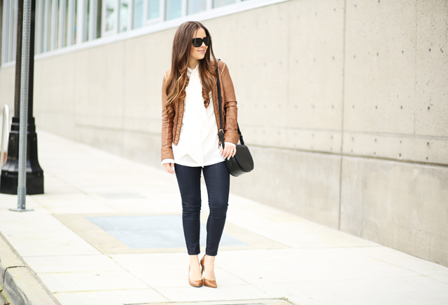 cream blouse and cognac