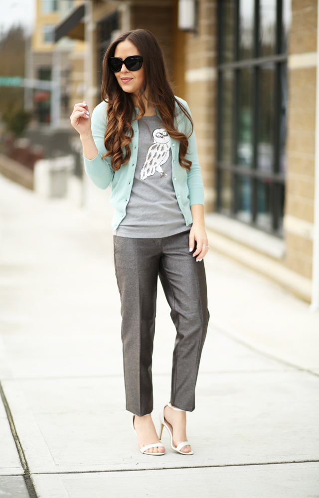 gray shimmery pants owl tee