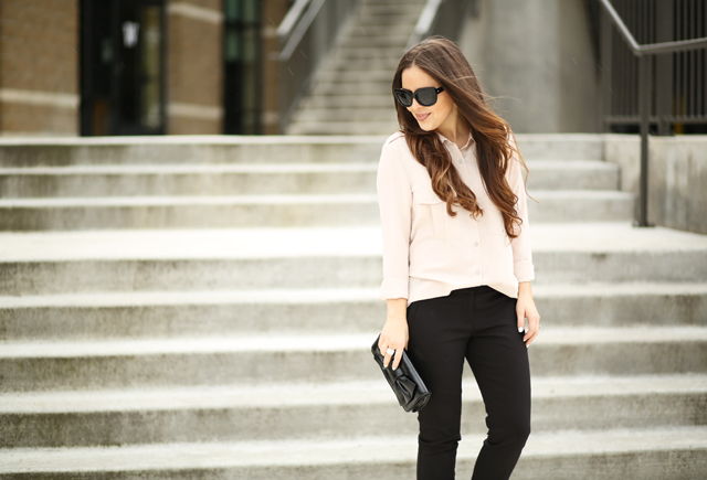 black pants blush top