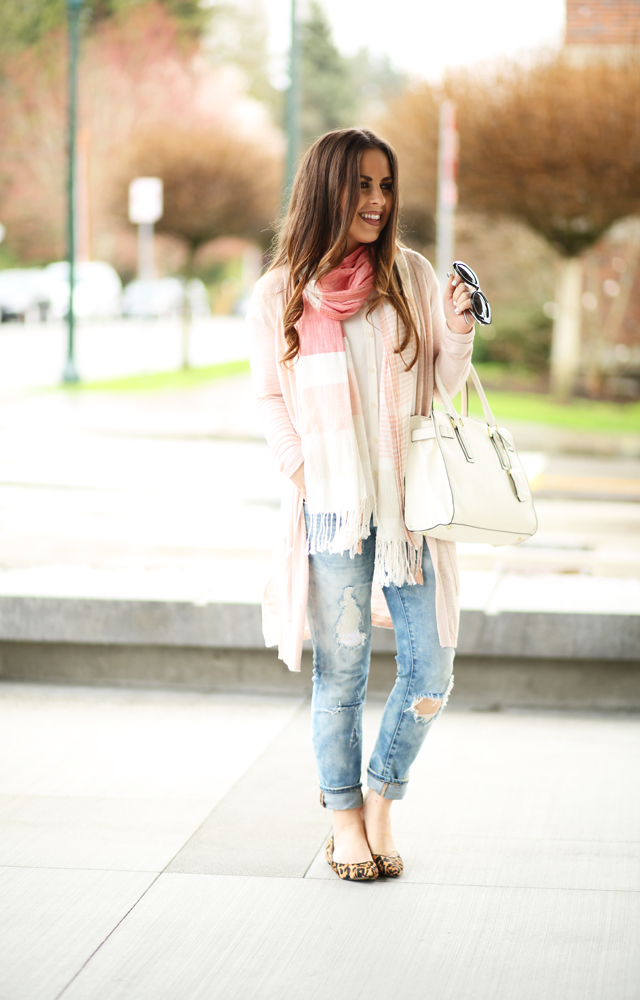 blankNYC jeans pink sweater striped scarf