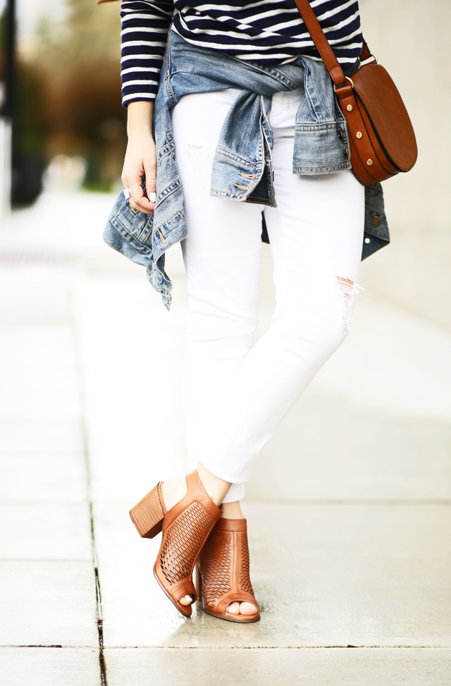 cognac booties white jeans denim jacket