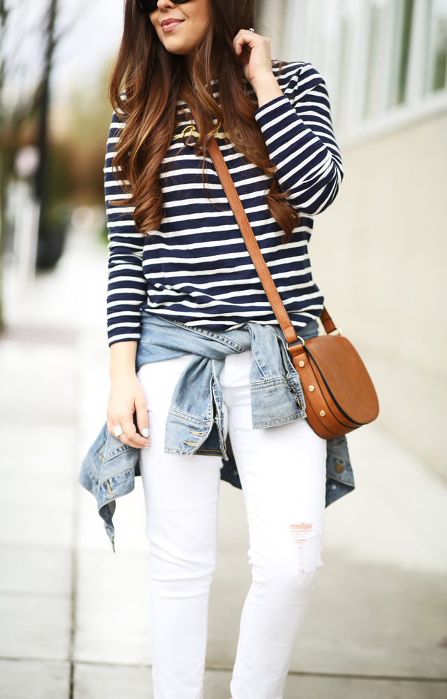 navy striped shirt white jeans cognac