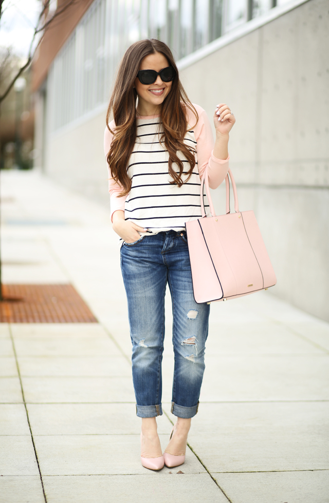 striped baseball tee with boyfriend jeans