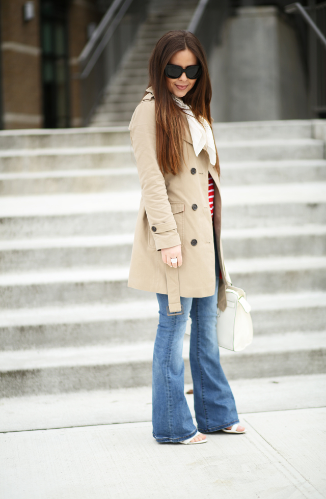 tan trench flared denim