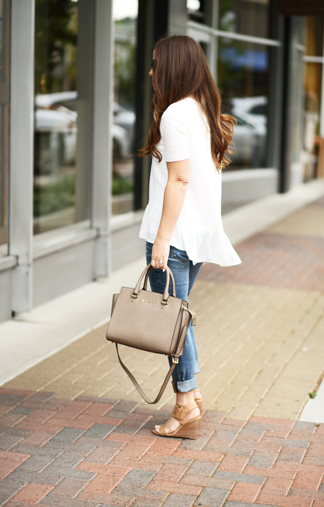 loft white peplum ruffle sweater, jeans wedges