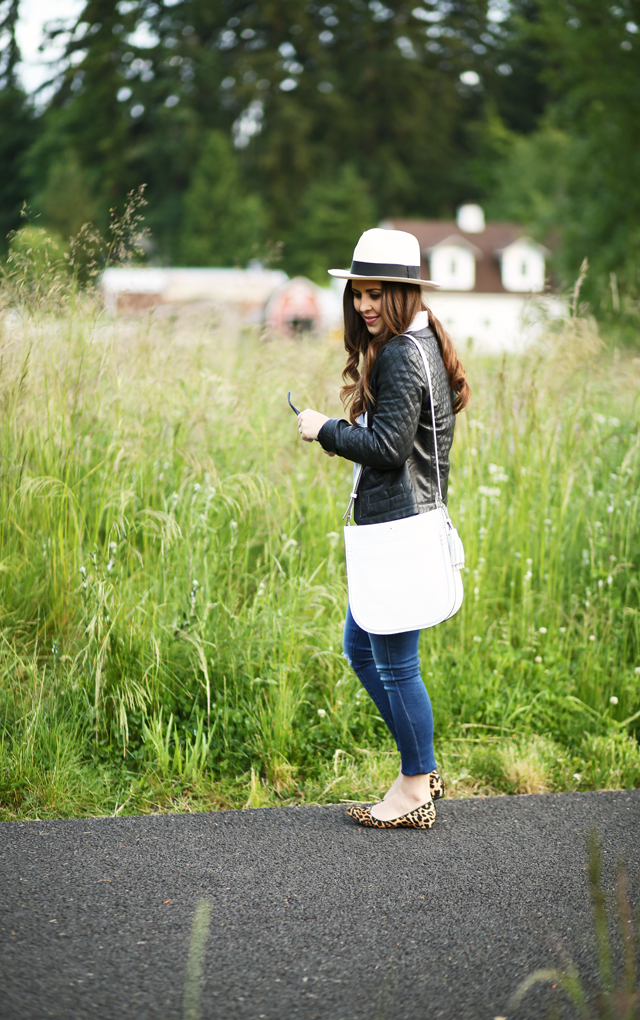 leather jacket white bag