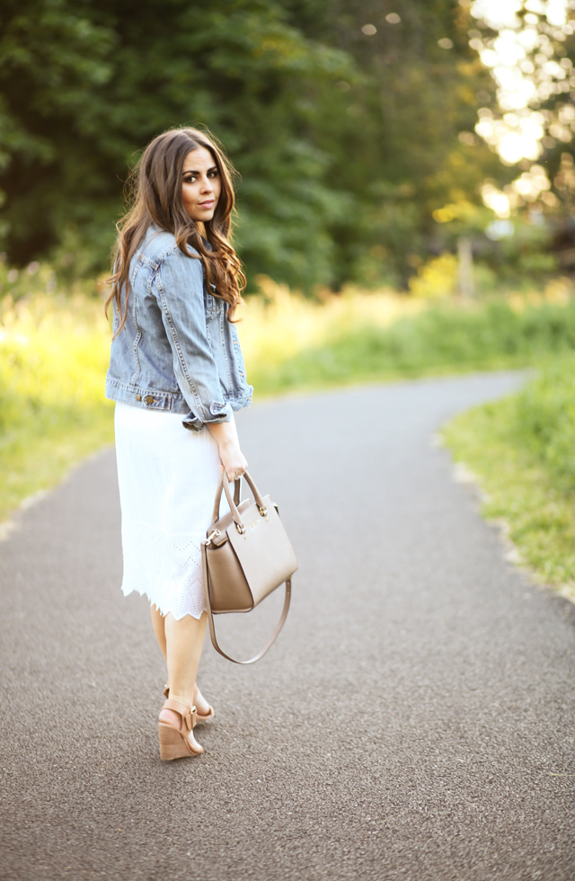 little white dress nude wedges denim jacket