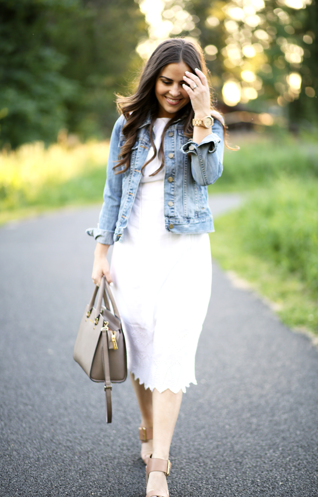 little white eyelet dress with denim jacket