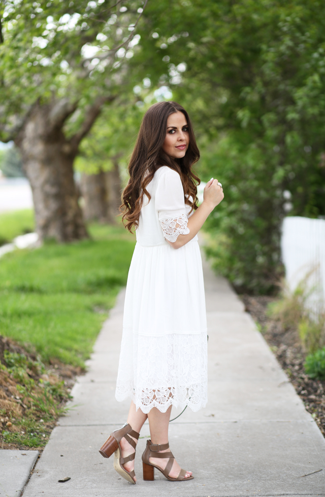 white lace baby doll dress with block heels