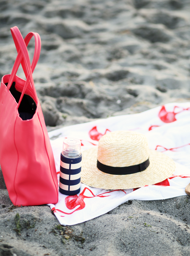 flamingo towel coral bag boater hat