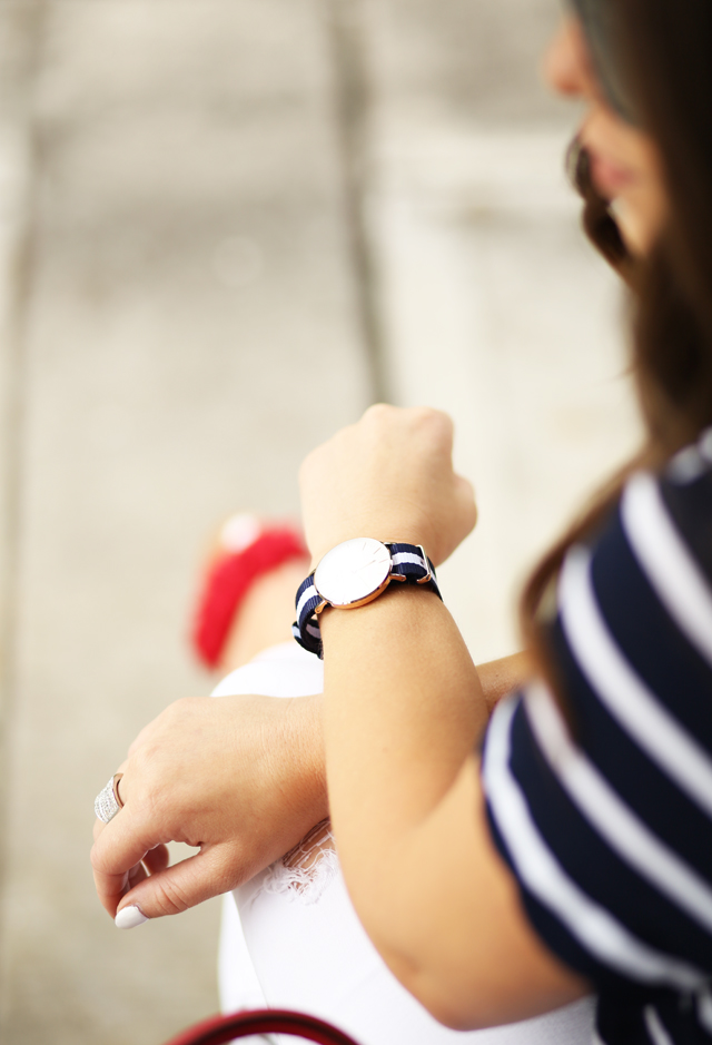 navy and white striped daniel wellington watch