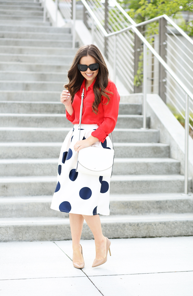 pleated aline skirt navy and white polka dot