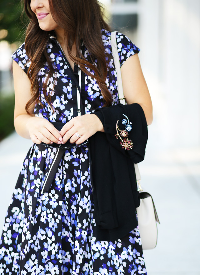 kate spade floral shirt dress with cardi brooches