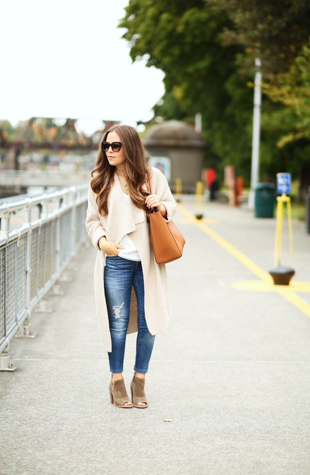 long beige sweater white blouse olive booties