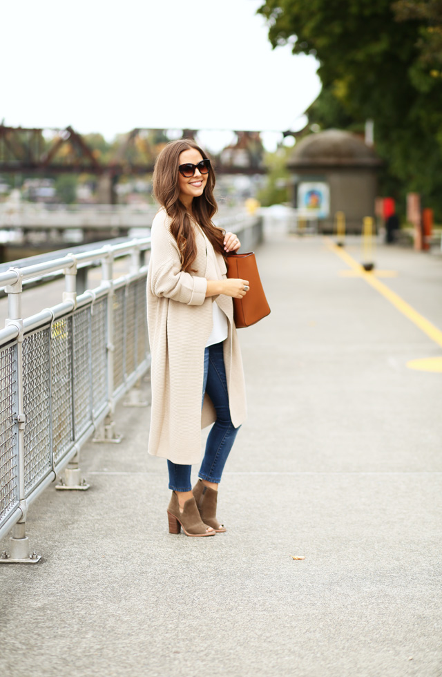 long beige sweater with jeans