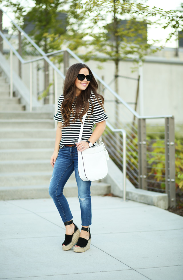 madewell jeans striped ruffled sleeve jcrew top