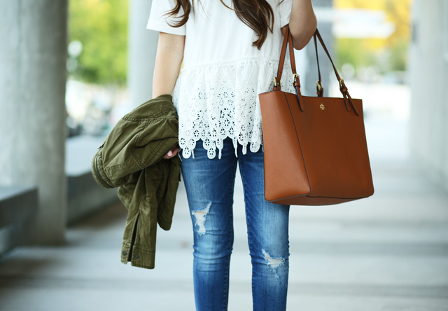 military jacket and white lace top