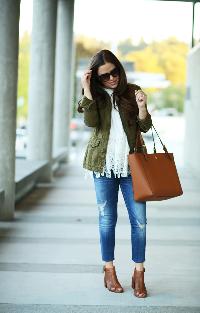 military jacket with a white lace top